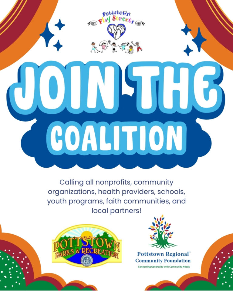 The Pottstown Play Streets Coalition is looking for organizations to join us for five select Play Streets events and help bring resources directly to Pottstown residents. The deadline to join is May 8! Play Streets transforms neighborhood blocks into safe, welcoming spaces filled with free activities, music, movement, and connection. Partner organizations are invited to table, host an activity, share information, provide services, or connect families with supports related to health, food, housing, education, youth opportunities, mental wellness, and more. This is a meaningful way to meet residents where they are, build trust, and help create joyful community spaces where children and families can move, connect, and thrive. Interested in participating? Learn more and get connected: https://ow.ly/sGTY50YQQUE Coalition Member Sign-Up: https://ow.ly/jlb450YQQTi Volunteer Sign-Up https://ow.ly/GxUC50YQPMJ