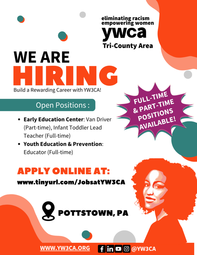 Work with Purpose. Drive Real Change. If you’ve been looking for a career where your daily work truly matters, you belong here. At YWCA Tri-County Area, we are on a mission to eliminate racism, empower women, and promote peace, justice, freedom, and dignity for all—and we need passionate people like you to help us do it. We currently have rewarding opportunities available in: 🍎 Early Education – Shape the minds and futures of our youngest learners. 🤸 Youth Education & Prevention – Guide local youth toward safe, healthy, and successful paths. Join Our Team Take the next step in your professional journey. View our current openings and apply online: 🔗 tinyurl.com/JobsatYW3CA Get in Touch Got questions about a specific role? Connect with us directly: • Email: hr.mission@ywcatricountyarea.org • Phone: 610-323-1888 ext. 230