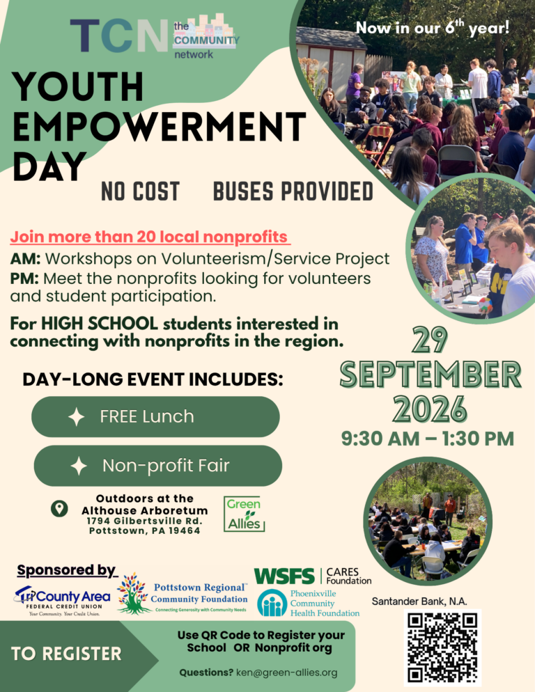 Time: 12PM to 1:15PM (Set up at 11:30am) Location: Outdoors at the Althouse Arboretum, 1794 Gilbertsville Road, Pottstown The program designed to help regional nonprofits find student volunteers (or student participation in your programming) is back! On Tuesday, September 29th at 9:30am up to 120 students from the regional high schools will gather at the Althouse Arboretum (1794 Gilbertsville Road, Pottstown) for a day of service learning and volunteer training. They will be searching for volunteer opportunities and programs. We are inviting all nonprofits to set up and staff a display table between Noon and 1:30 to meet prospective participants and tell them about the great work you are doing. You can then select your volunteers. TABLES WILL BE PROVIDED. 1. Help find student volunteers and program participants 2. Promote your organization 3. Get a FREE LUNCH! For more information or questions, just email Ken@green-allies.org.
